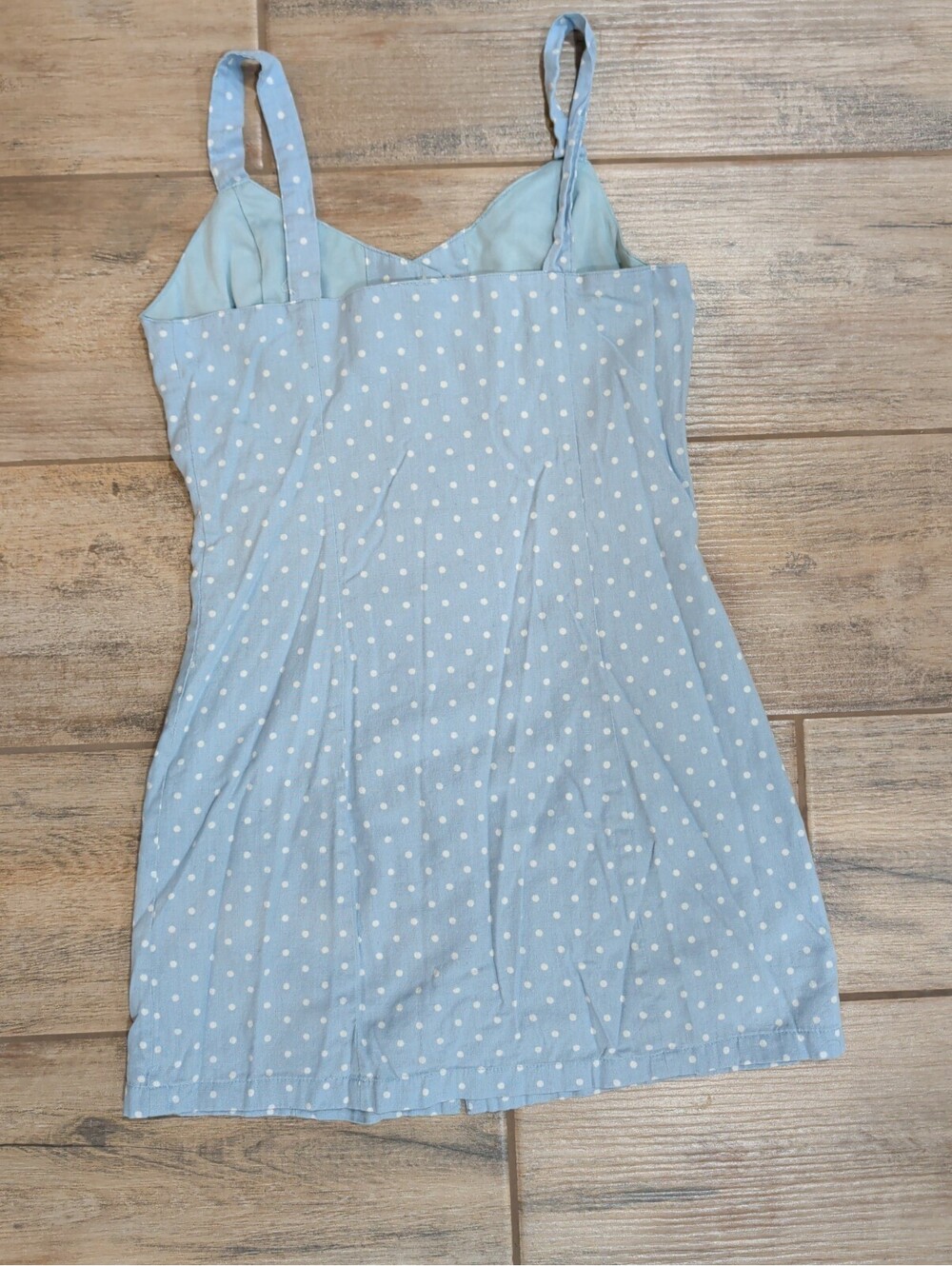 Japna Cotton Linen Dress Small S Blue Polka Dot Button Front Cami Sundress - Picture 12 of 15
